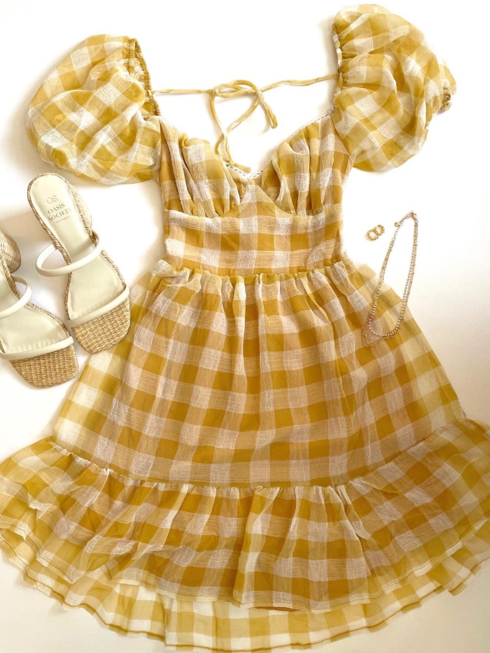Cottagecore Yellow Gingham Puff Sleeve Open Back Mini Dress L Mable